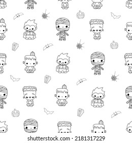 Halloween Cute Character Seamless Pattern. Witch, Ghost, Pumpkin, candy. white background
