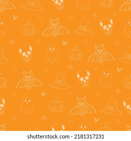 Halloween Cute Character Seamless Pattern. Bat, Cute ghost, spooky pumpkin Halloween
