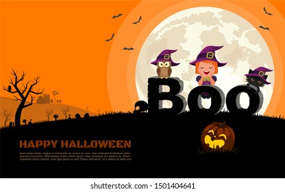 Halloween cute characters. Little witch, owl, black cat and smiley pumpkin with "BOO" alphabet carved stone on background of farm, graveyard and the full moon night.