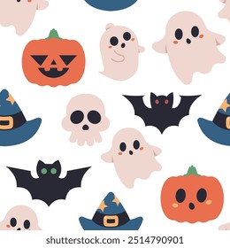 Halloween cute characters vector cartoon seamless pattern background.