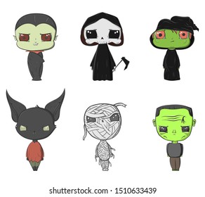 Halloween cute characters vector set, cartoon adorable monsters, isolated illustrations.
