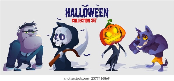 Halloween Cute Characters Vector Set Design like frankenstein, Grim Reaper, Pumpkin, and Werewolf isolated in white background. Vector illustration party costume collection