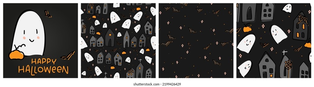 Halloween cute childish ghosts flying in night town dark background set. Cartoon kawaii style October 31st holiday mystic scene seamless pattern and clipart in black, orange and white colors.