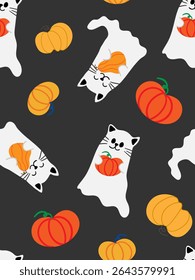 Halloween cute children's seamless pattern with ghost cats holding pumpkins on dark gray background for fall holiday decor poster web design