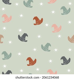 Halloween cute colorful hat with stars vector seamless pattern background. Trendy for fabric, textile design, background, packaging, invitation cards, wallpaper or giftwrapping. Surface pattern design