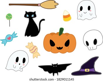 Halloween cute compilation illustration sticker vector decoration. Jack o lantern, witch hat, broomstick, ghost, cat, and candies for trick or treat. Scary but cute Halloween illustration
