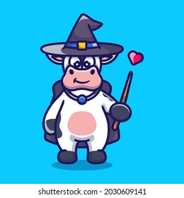 Halloween cute cow wizard with hat, cloak, love and wand