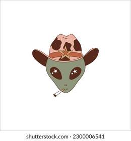 Halloween cute cowboy alien retro illustration isolated on white. Western All Saints' Day UFO clip art. Howdy cartoon extraterrestrial design element. 