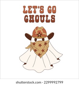 Halloween cute cowboy ghost in bandana and hat retro illustration isolated on white. Western All Saints' Day spirit clip art. Howdy cartoon phantom design element. 