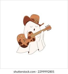 Halloween cute cowboy ghost country music singer retro illustration isolated on white. Western All Saints' Day spirit clip art. Howdy cartoon phantom with guitar design element. 