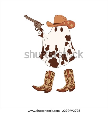 Halloween cute cowboy ghost with gun retro illustration isolated on white. Western All Saints' Day spirit clip art. Howdy cartoon phantom design element. 