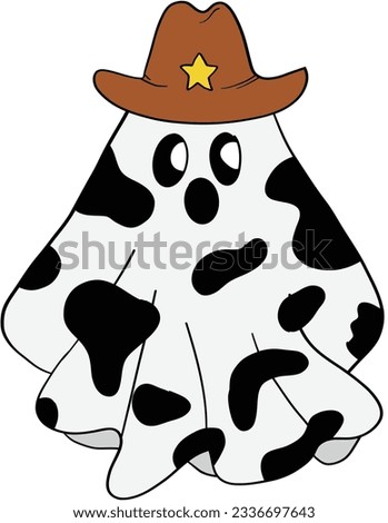 Halloween cute cowboy ghost in hat retro illustration isolated on white. Western All Saints' Day spirit clip art. Howdy cartoon phantom design element.