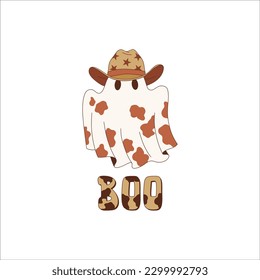 Halloween cute cowboy ghost rodeo retro illustration isolated on white. Western All Saints' Day spirit clip art. Howdy cartoon phantom design element. 