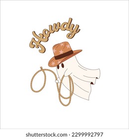 Halloween cute cowboy ghost rodeo retro illustration isolated on white. Western All Saints' Day spirit clip art. Howdy cartoon phantom design element. 