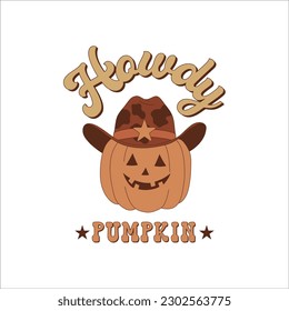 Halloween linda calabaza de vaquero ilustración retro aislada en blanco. Arte de clip culinario del Día de Todos los Santos. Elementos de diseño de squash de dibujos animados de Howdy. 