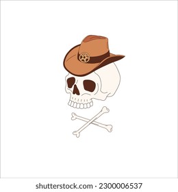 Halloween cute cowboy scull retro illustration isolated on white. Western All Saints' Day dead head clip art. Howdy cartoon cranium design element. 