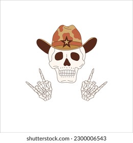 Halloween cute cowboy scull retro illustration isolated on white. Western All Saints' Day dead head clip art. Howdy cartoon cranium design element. 