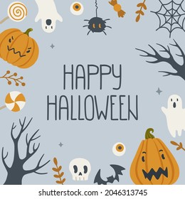 Halloween cute doodle frame template. Border for design invitation, banner, card.