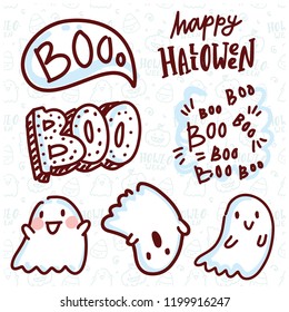 Halloween cute doodle ghosts with lettering text. Hand drawn illustration art for greeting card, decoration, poster, banner