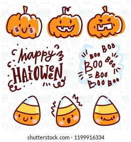 Halloween cute doodle pumpkins and candy corns with lettering text. Hand drawn illustration art for greeting card, decoration, poster, banner