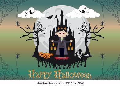Halloween cute dracula character pumpkin spider bat spooky trees with full moonlight shadow illustration