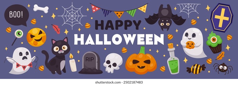 Elemento lindo de Halloween. Icono de la diversión de la historieta, etiqueta engomada para el cabrito. Araña Web, fantasma, calabaza. Elementos aislados decorativos del partido infantil del doodle gráfico. Vacaciones de otoño bebé plana. Vector ordenado ilustración