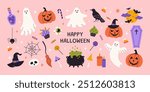 Halloween cute element set. Hat, ghost, bat, candy, fun pumpkins, witch's cauldron, spider. Perfect for stickers, greeting card, party invitation, poster. Hand drawn flat vector illustration.