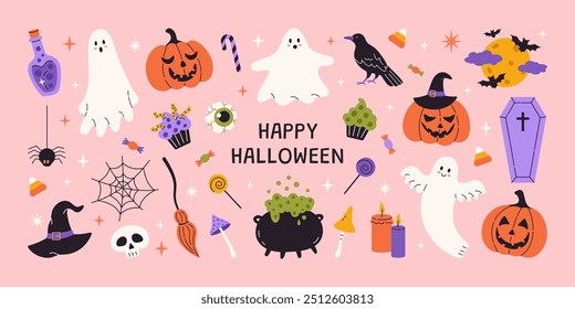 Conjunto de elementos lindos de Halloween. Sombrero, fantasma, murciélago, caramelo, calabazas divertidas, caldero de bruja, araña. Perfecto para pegatinas, tarjeta de felicitación, invitación de fiesta, cartel. Ilustración vectorial plana dibujada a mano.