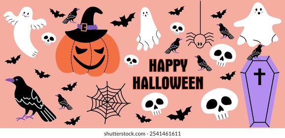 Halloween cute element set. Hat, ghost, bat, candy, fun pumpkins, witch's cauldron, spider. Perfect for stickers, greeting card, party invitation, poster. Hand drawn flat vector illustration