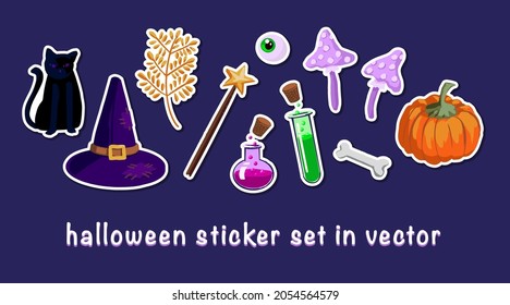 Halloween cute elements. Color vector items. Illustration with pumpkin, skull, potion, hat, eye, magic wand and cat. Design for prints and cards.