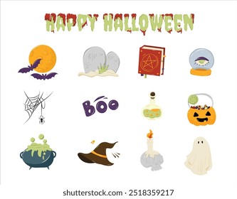 Halloween cute elements set. Elements for the design of packaging, greeting card, poster. Isolated on the white background.  EPS 10
