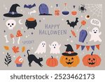 Halloween cute elements set pumpkins, ghosts, bat, tomb, grave, coffin, skull, candy, potion, bat, witch cauldron, black cat, bone, spider web, moon, cake etc. Cartoon flat style. Vector illustration