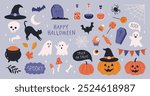 Halloween cute elements set pumpkins, ghosts, bat, tombstone, coffin, skull, candy, potion, bat, witch cauldron, black cat, bone, spider web, moon, cake etc. Cartoon flat style. Vector illustration