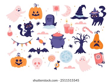 Halloween cute elements set. Pumpkins, scary black cats, ghosts. Vector illustration in flat style