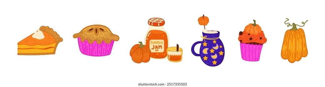 Halloween cute elements set. Pumpkins, pie, cakes. Vector illustration in flat style
