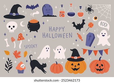 Halloween cute elements set pumpkins, ghosts, bat, tomb, grave, coffin, skull, candy, potion, bat, witch cauldron, black cat, bone, spider web, moon, cake etc. Cartoon flat style. Vector illustration