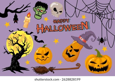 Halloween cute elements set pumpkins, ghosts, bat,skull, spider web, moon, Cartoon style. Vector illustration
