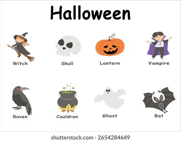 Halloween cute elements set pumpkins, ghosts, bat, tombstone, coffin, skull, potion, bat, witch cauldron, bone. Cartoon flat style. Collection of spooky objects and characters. Halloween design. 140