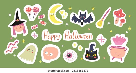 Halloween cute elements set for stickers. Pumpkins, scary black cat, skull, witch, ghost. Vector illustration in flat style