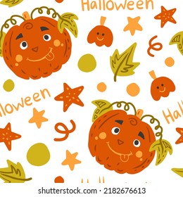 Halloween cute festive seamless pattern. Adorable friendly pumpkin funny endless background. Happy October 31 celebration design for packaging, wrapping paper, banner, kids, menu