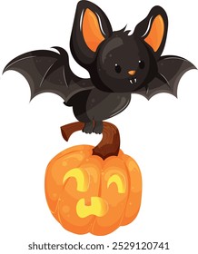 Lindos murciélagos voladores de Halloween. Calabazas de Vector. Animales de dibujos animados. Drácula con calabaza