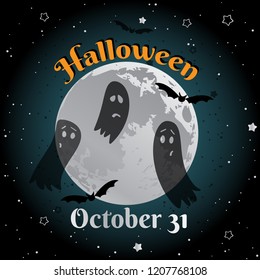 Halloween cute fool moon greeting card design. Vector illustration.