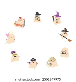 Halloween cute frame or border with funny characters, Ghosts in halloween costumes childish design.