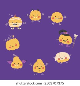 Halloween cute frame or border with funny characters, Pumkins in halloween costumes childish design.