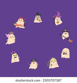 Halloween cute frame or border with funny characters, Ghosts in halloween costumes childish design.