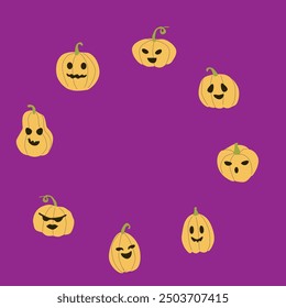 Marco lindo de Halloween o borde con personajes divertidos, diseño infantil de calabazas.