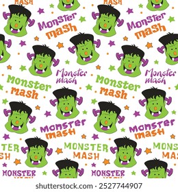 Halloween Frankenstein bonito com Monster Mash Texto- Ilustração Vetor Halloween