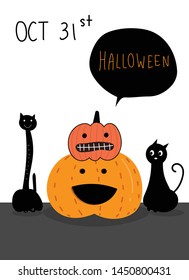 Halloween with cute funny cartoon of  cats, pumpkins, lettering, space for your own text and speech bubble on white background