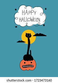 Halloween with cute funny cartoon of  cats, pumpkins, lettering, space for your own text and speech bubble on white background