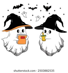 Halloween cute funny Childish spooky boo vector design ,Halloween ghost boo illustration witch hat